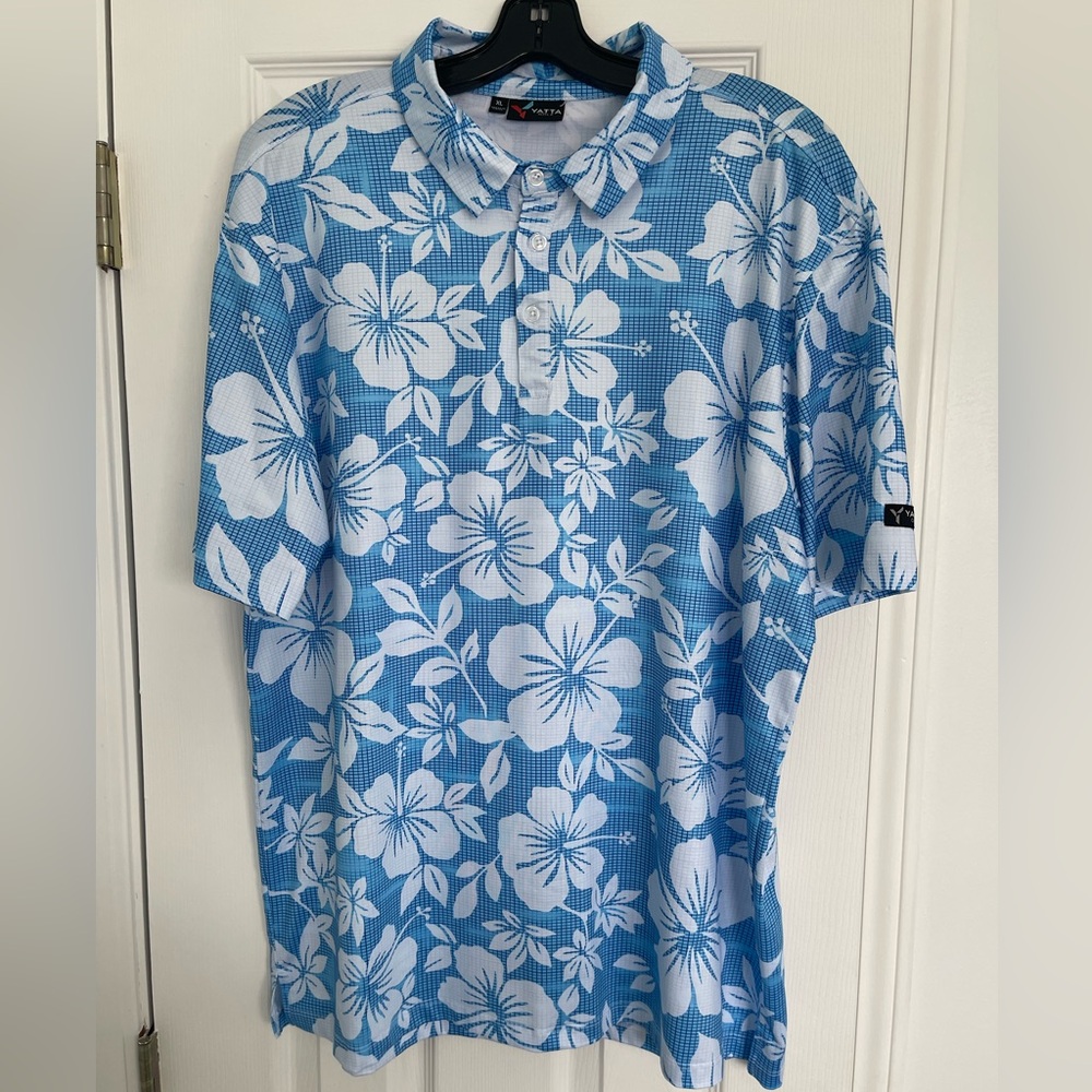 Yatta Golf  Men’s Hawaiian Print Blue Polo Shirt
